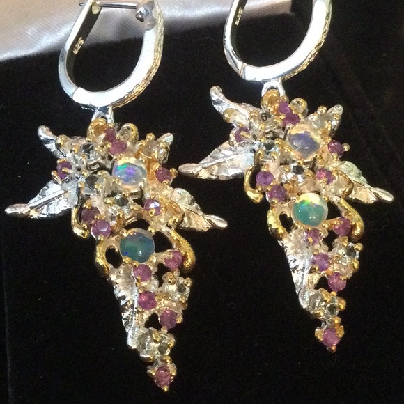Atlanta Gem & Mineral Show Jewelry - Breathtaking Genuine Opals, Rhodolite Garnets & Aquamarines Earrings